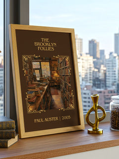 The Brooklyn Follies Classic Book Art Print by Paul Auster – framed print on a city-view windowsill