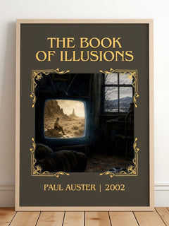 The Book of Illusions Classic Book Art Print by Paul Auster – framed print leaning on a wooden floor