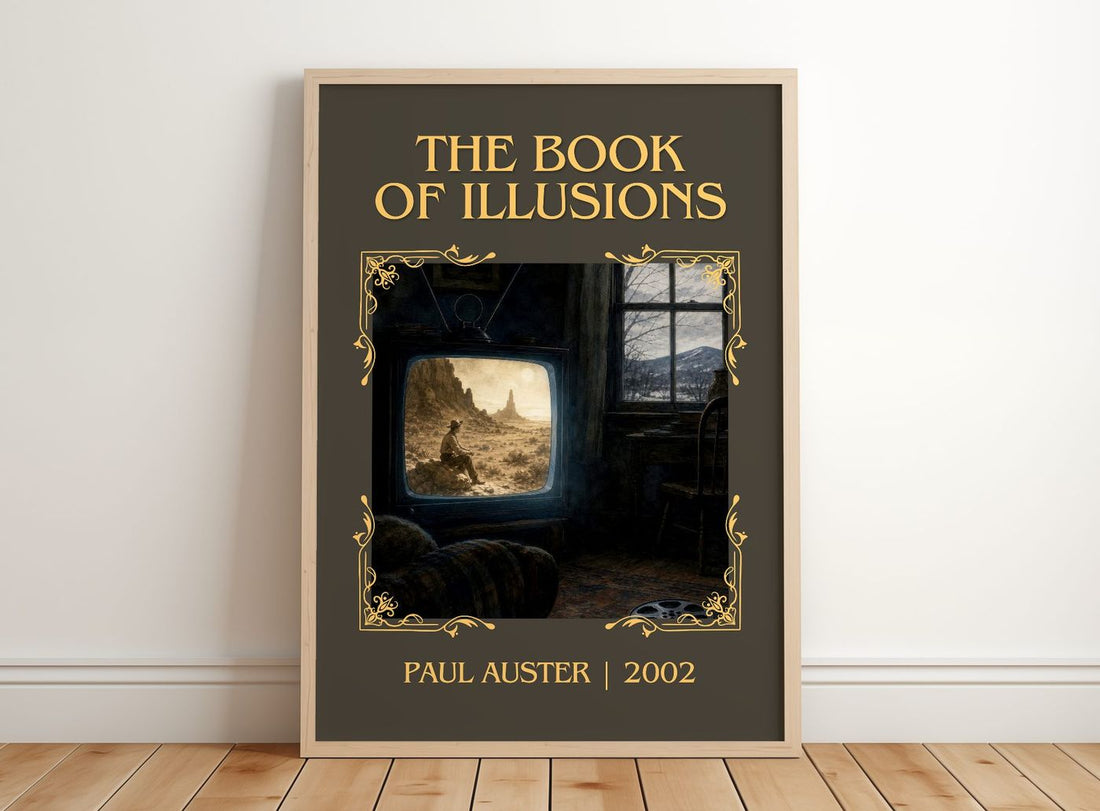 The Book of Illusions Classic Book Art Print by Paul Auster – framed print leaning on a wooden floor