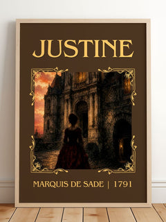 Justine Classic Book Art Print by Marquis de Sade – framed print leaning on a wooden floor
