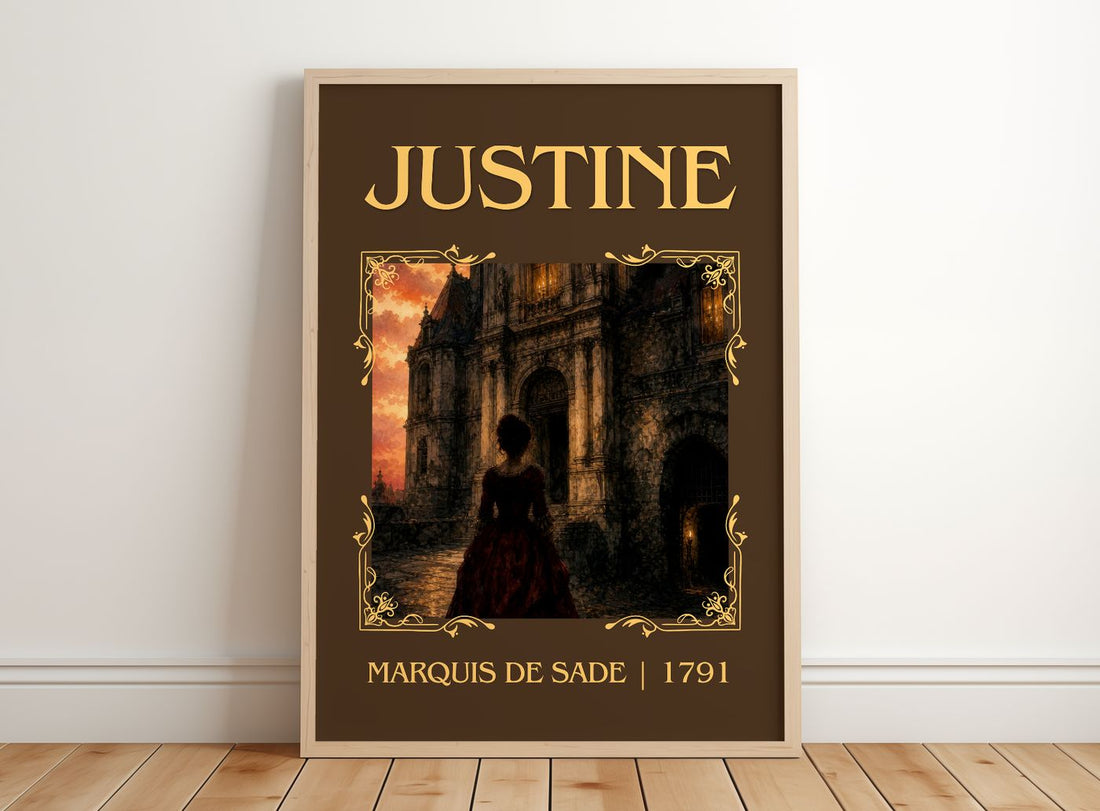 Justine Classic Book Art Print by Marquis de Sade – framed print leaning on a wooden floor