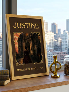Justine Classic Book Art Print by Marquis de Sade – framed print on a city-view windowsill