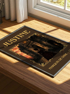 Justine Classic Book Art Print by Marquis de Sade – print on a sunlit desk