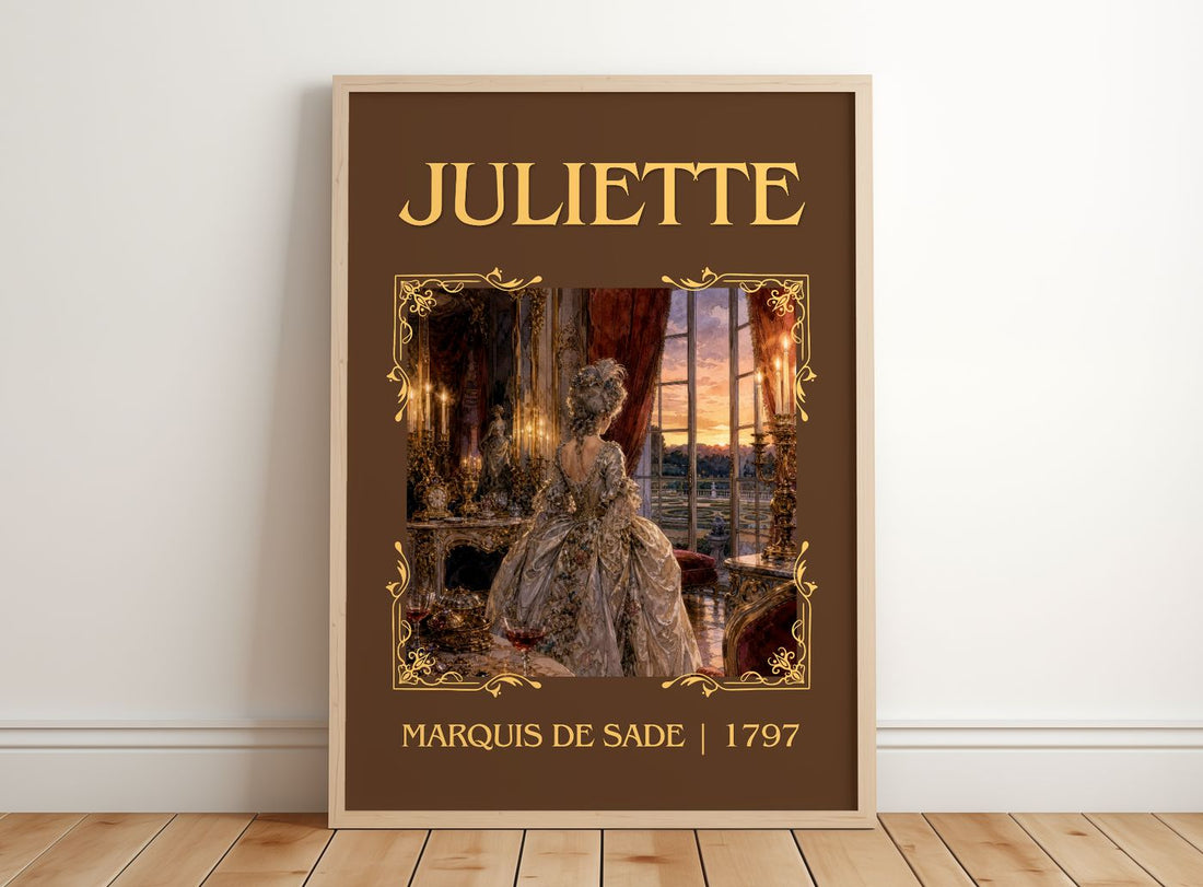 Juliette Classic Book Art Print by Marquis de Sade – framed print leaning on a wooden floor