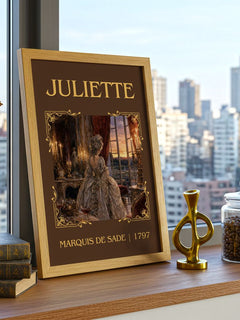 Juliette Classic Book Art Print by Marquis de Sade – framed print on a city-view windowsill