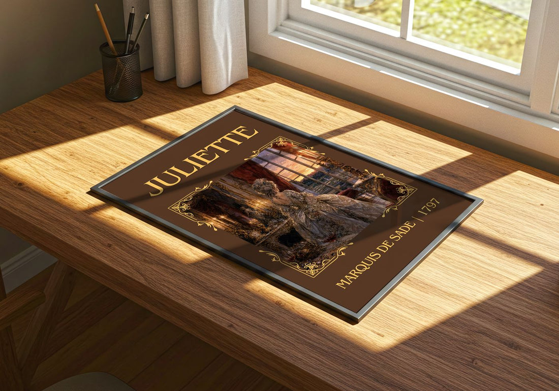 Juliette Classic Book Art Print by Marquis de Sade – print on a sunlit desk
