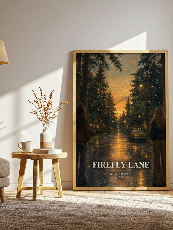 Firefly Lane watercolour print in frame leaning in hallway – contemporary fiction wall art