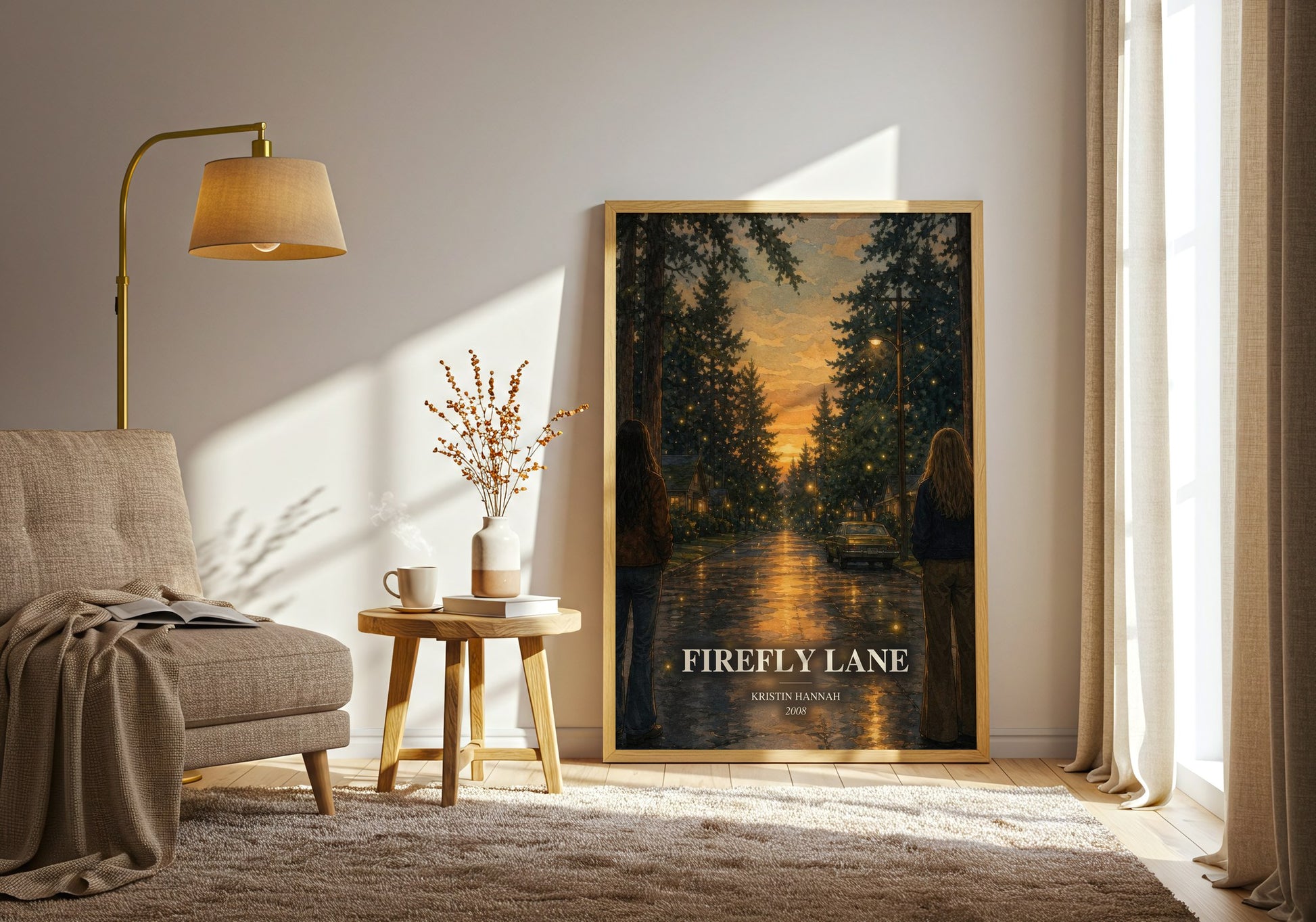 Firefly Lane watercolour print in frame leaning in hallway – contemporary fiction wall art