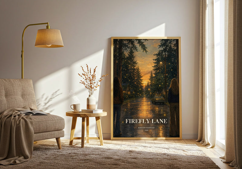 Firefly Lane watercolour print in frame leaning in hallway – contemporary fiction wall art