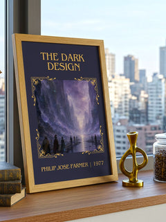 The dark design Classic Book Art Print by Philip José Farmer – framed print on a city-view windowsill