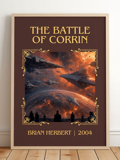 The Battle of Corrin Classic Book Art Print by Brian Herbert – framed print leaning on a wooden floor