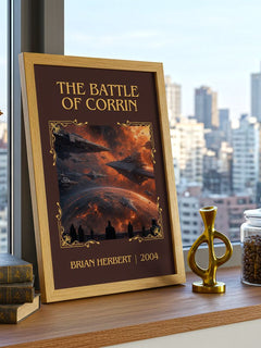 The Battle of Corrin Classic Book Art Print by Brian Herbert – framed print on a city-view windowsill