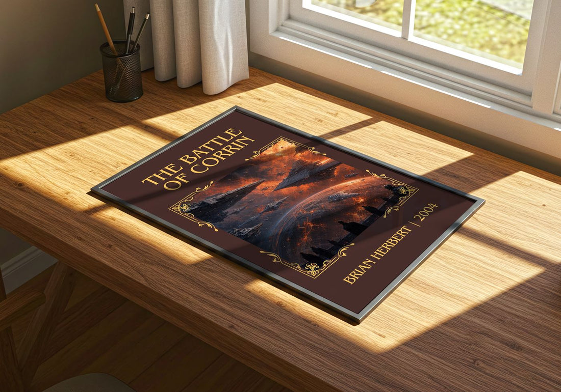 The Battle of Corrin Classic Book Art Print by Brian Herbert – print on a sunlit desk