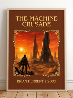 The Machine Crusade Classic Book Art Print by Brian Herbert – framed print leaning on a wooden floor