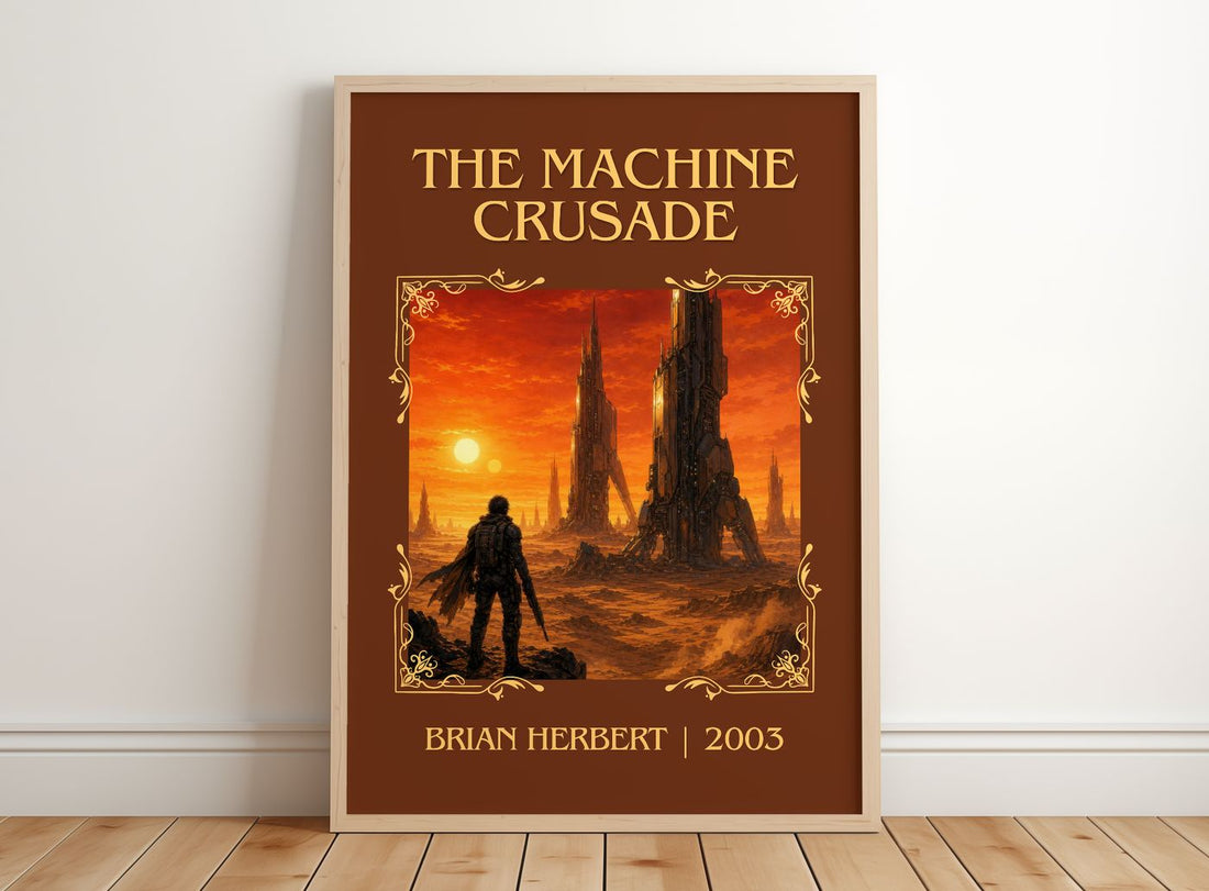 The Machine Crusade Classic Book Art Print by Brian Herbert – framed print leaning on a wooden floor