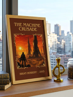The Machine Crusade Classic Book Art Print by Brian Herbert – framed print on a city-view windowsill