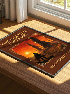The Machine Crusade Classic Book Art Print by Brian Herbert – print on a sunlit desk