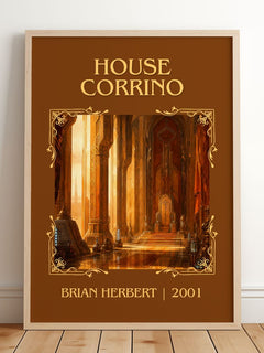 House Corrino Classic Book Art Print by Brian Herbert – framed print leaning on a wooden floor
