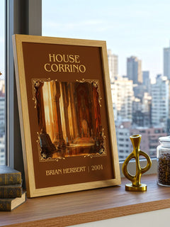 House Corrino Classic Book Art Print by Brian Herbert – framed print on a city-view windowsill