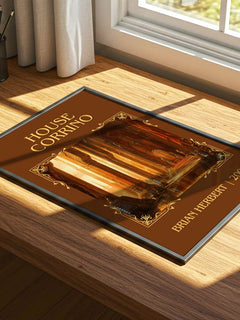 House Corrino Classic Book Art Print by Brian Herbert – print on a sunlit desk