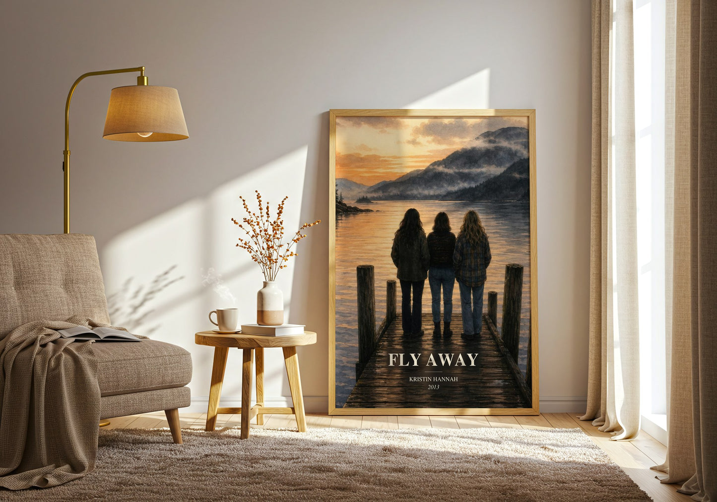 Fly Away watercolour print in frame leaning in hallway – contemporary fiction wall art