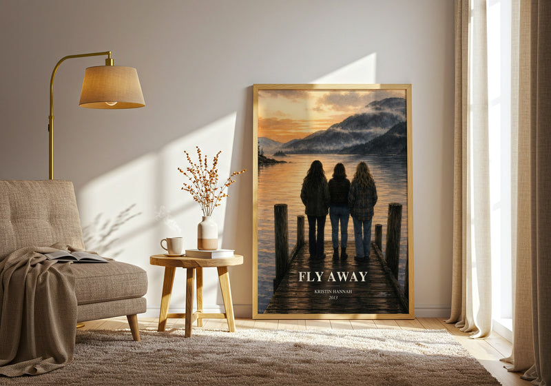 Fly Away watercolour print in frame leaning in hallway – contemporary fiction wall art