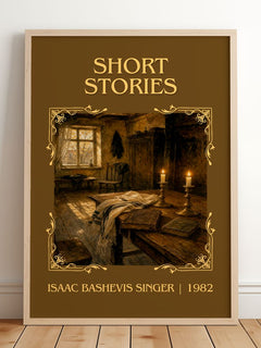 Short stories Classic Book Art Print by Isaac Bashevis Singer – framed print leaning on a wooden floor