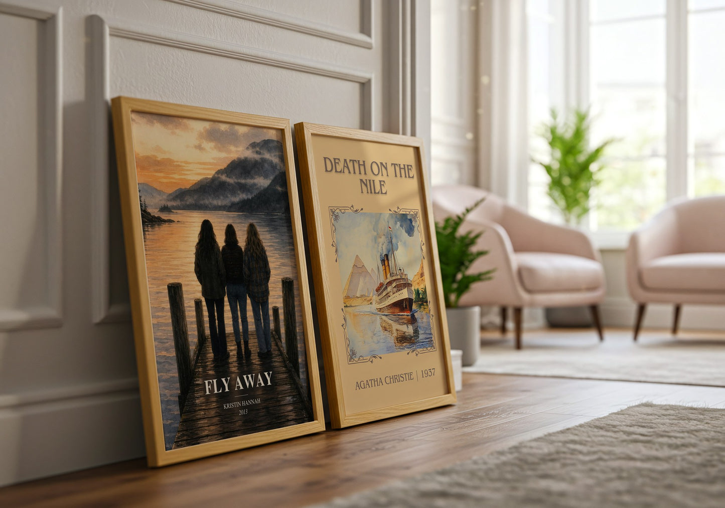 Fly Away watercolour print framed by window – literary home decor