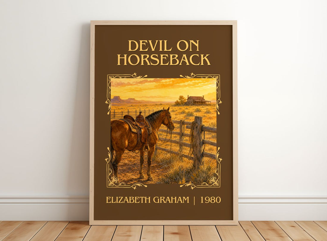 Devil on horseback Classic Book Art Print by Elizabeth Graham – framed print leaning on a wooden floor