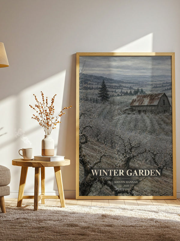 Winter Garden watercolour print in frame leaning in hallway – historical fiction wall art