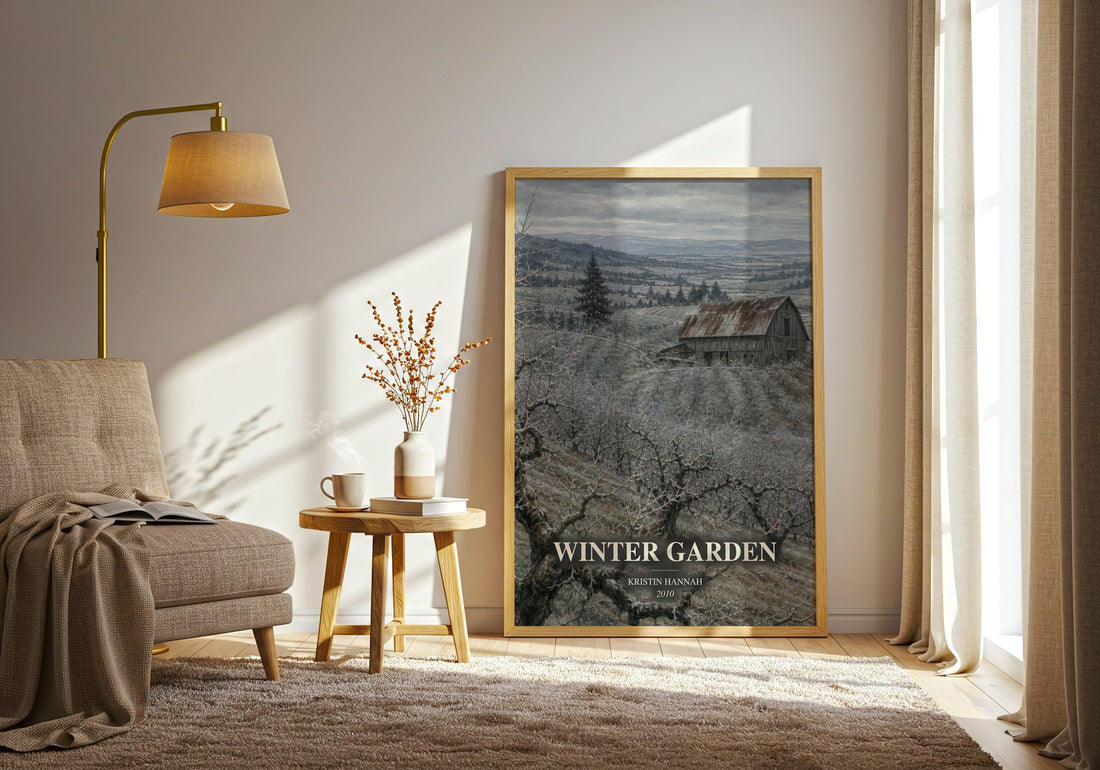 Winter Garden watercolour print in frame leaning in hallway – historical fiction wall art (mockup)
