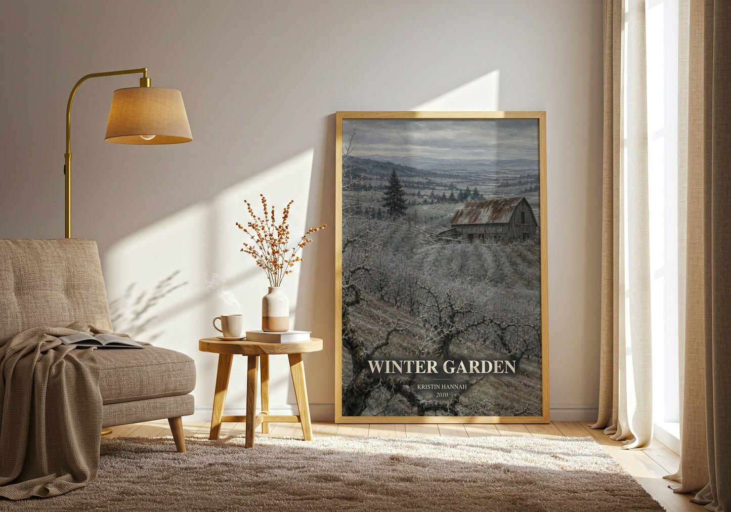 Winter Garden watercolour print in frame leaning in hallway – historical fiction wall art