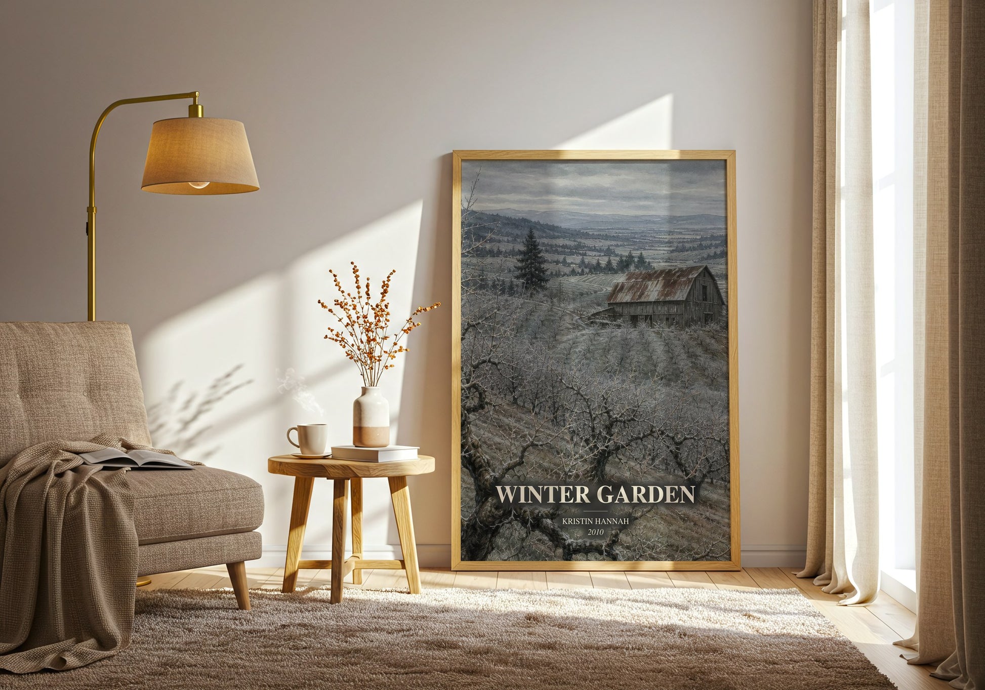 Winter Garden watercolour print in frame leaning in hallway – historical fiction wall art