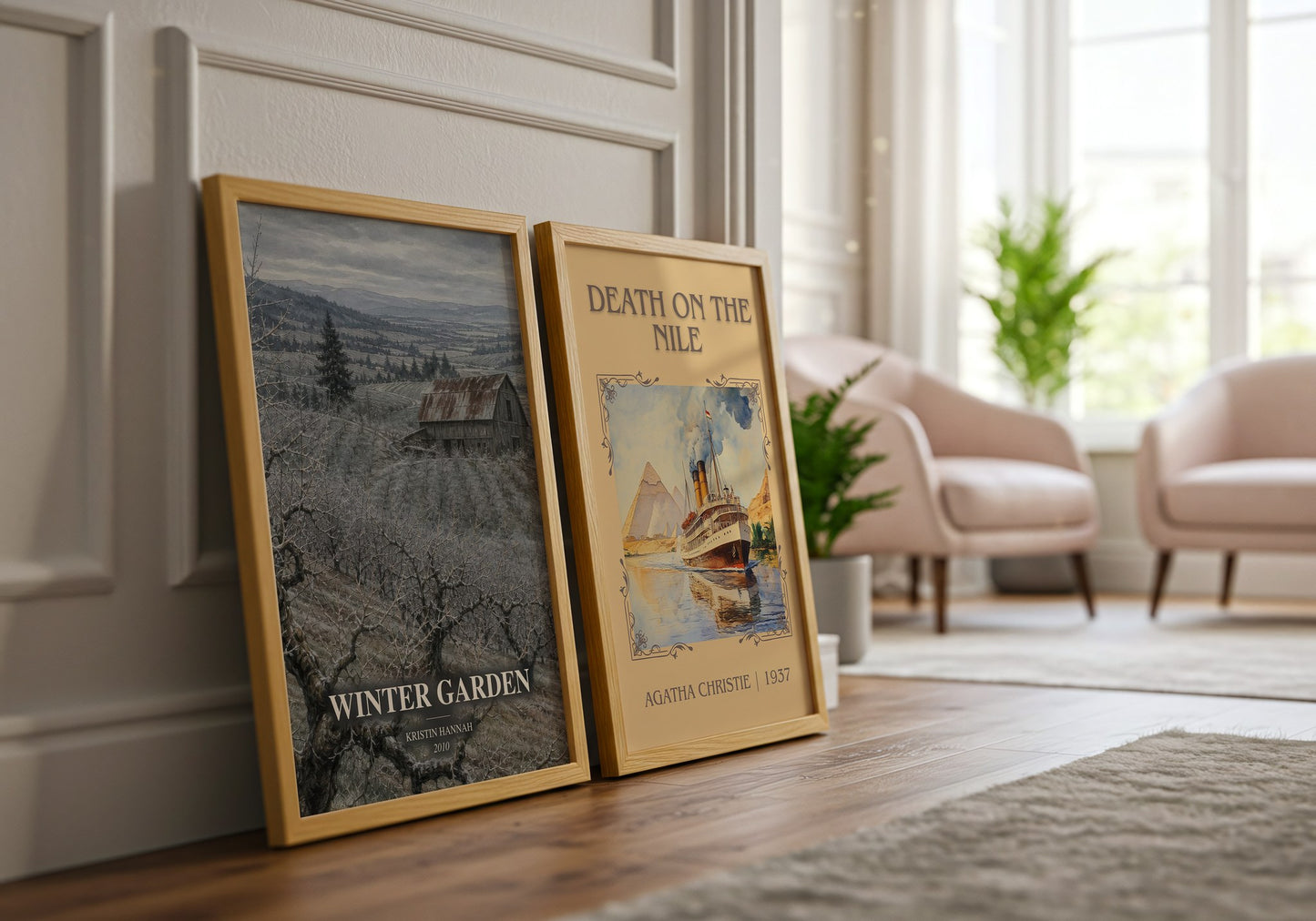 Winter Garden watercolour print framed by window – literary home decor