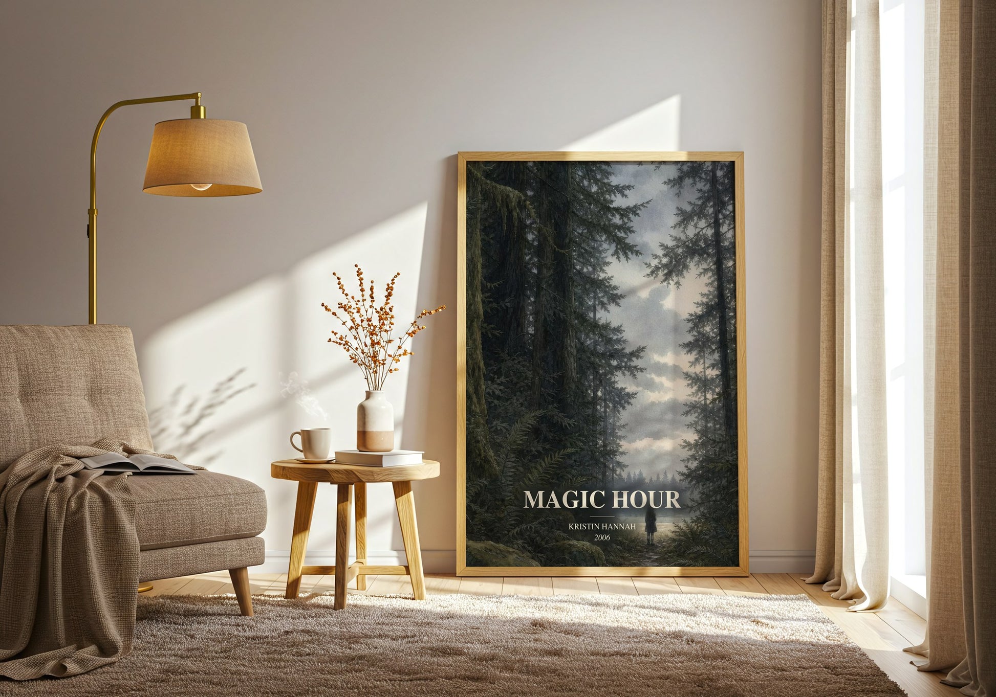 Magic Hour watercolour print in frame leaning in hallway – literary fiction wall art