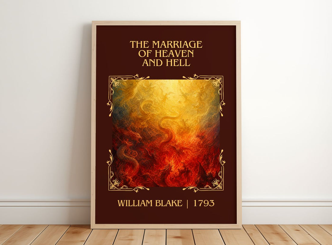 marriage of Heaven and Hell Classic Book Art Print by William Blake – framed print leaning on a wooden floor