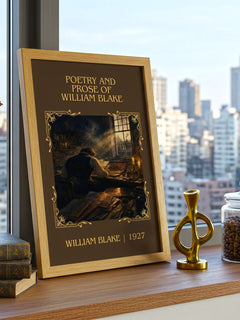 Poetry and prose of William Blake Classic Book Art Print by W. Blake – framed print on a city-view windowsill