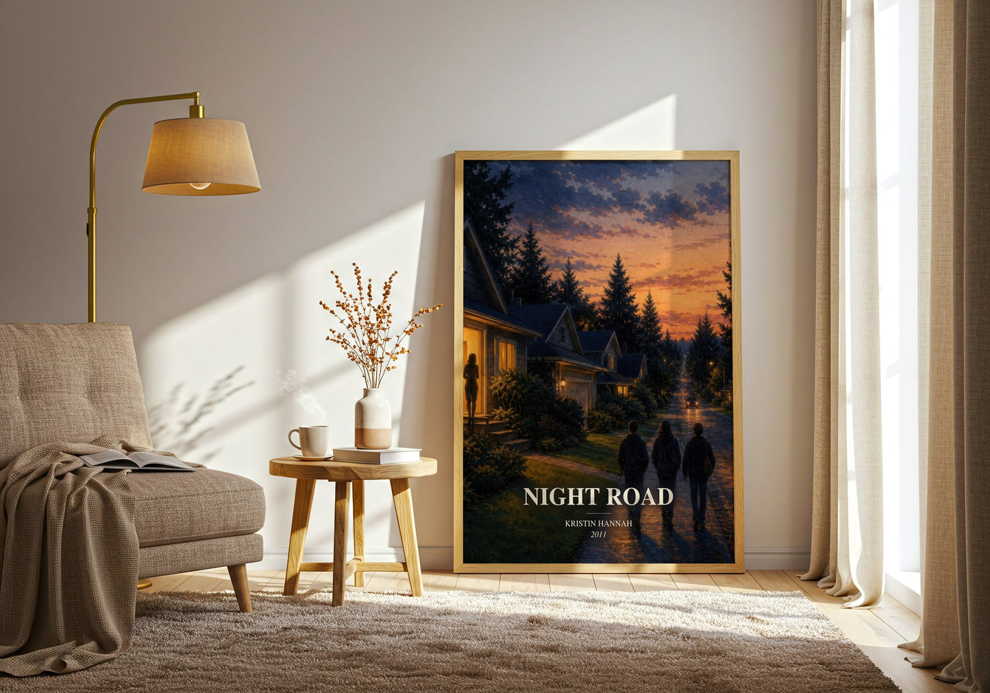 Night Road watercolour print in frame leaning in hallway – contemporary fiction wall art
