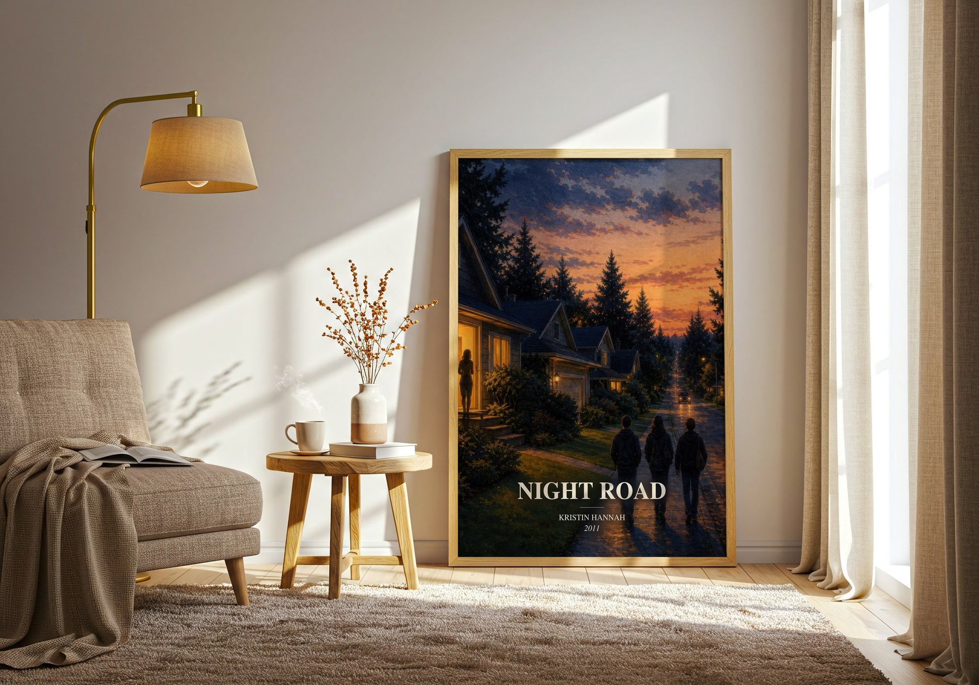 Night Road watercolour print in frame leaning in hallway – contemporary fiction wall art