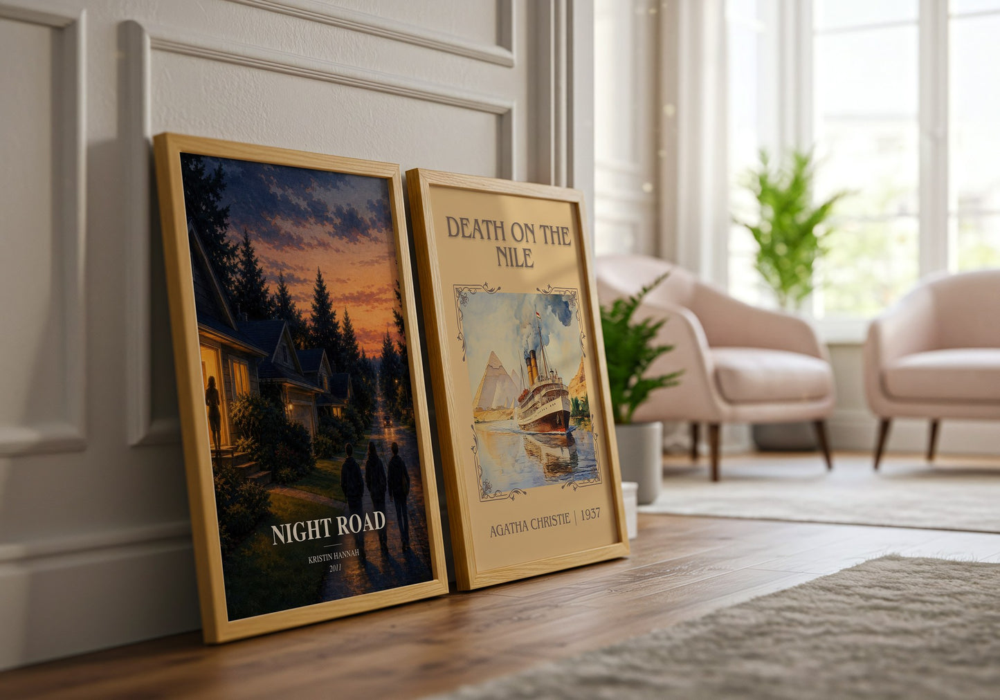 Night Road watercolour print framed by window – literary home decor