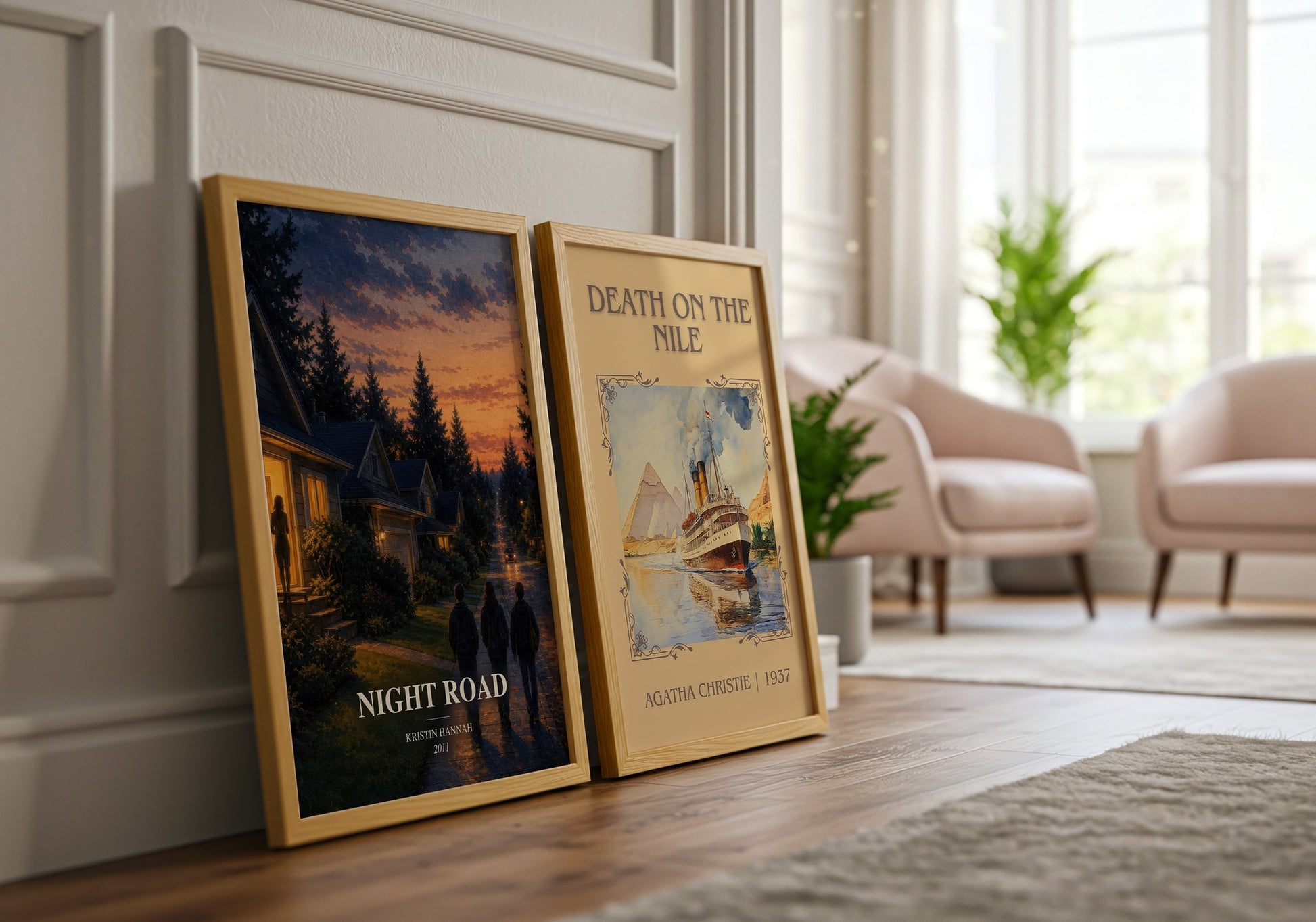 Night Road watercolour print framed by window – literary home decor