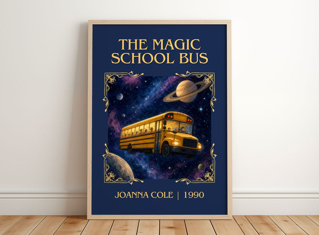 The Magic School Bus Classic Book Art Print by Joanna Cole – framed print leaning on a wooden floor