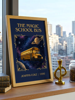 The Magic School Bus Classic Book Art Print by Joanna Cole – framed print on a city-view windowsill