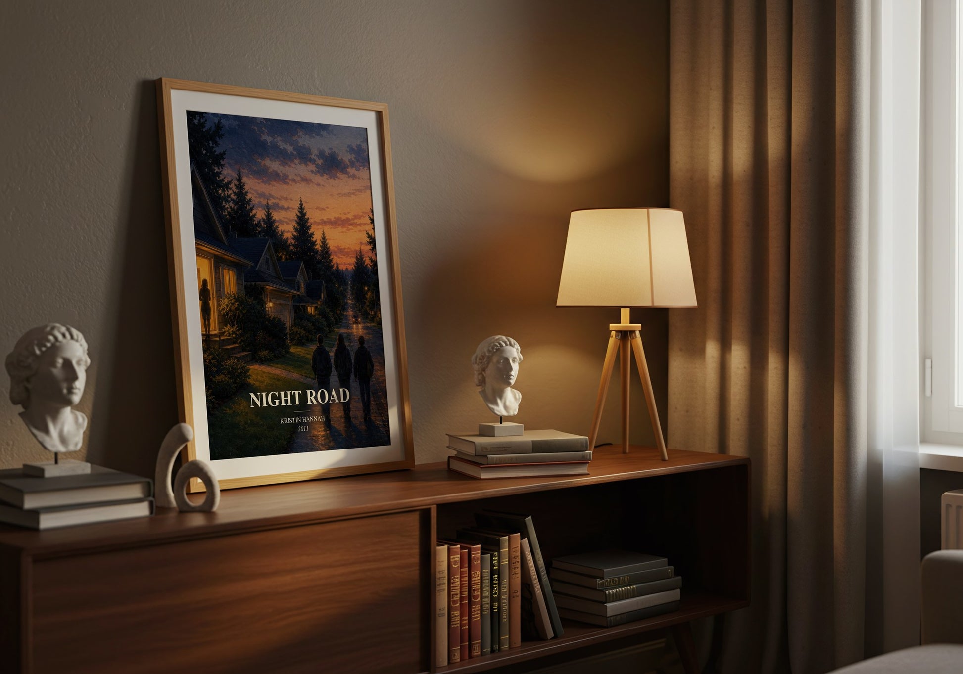 Night Road watercolour print on bookshelf – Kristin Hannah fan gift