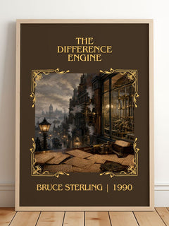 The Difference Engine Classic Book Art Print by Bruce Sterling – framed print leaning on a wooden floor