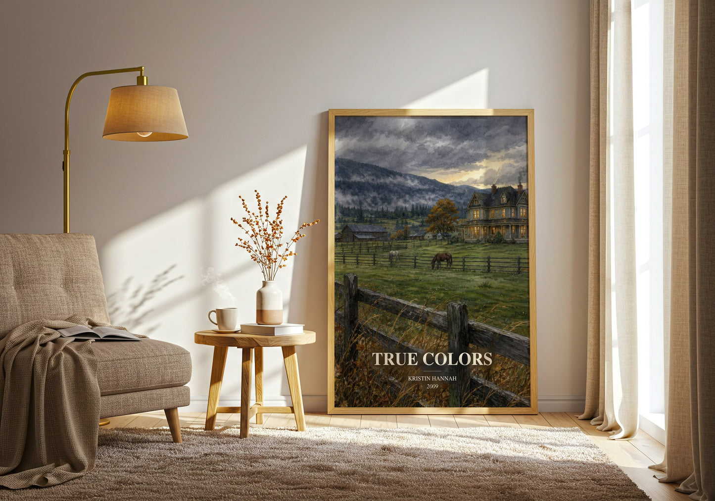 True Colors watercolour print in frame leaning in hallway – contemporary fiction wall art