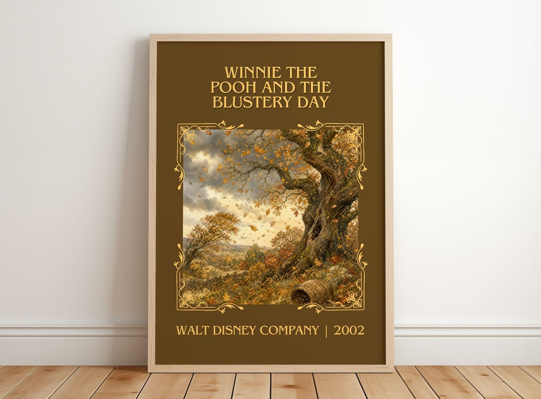 Winnie the Pooh and the Blustery Day Classic Book Art Print by Walt Disney Company – framed print leaning on a wooden floor