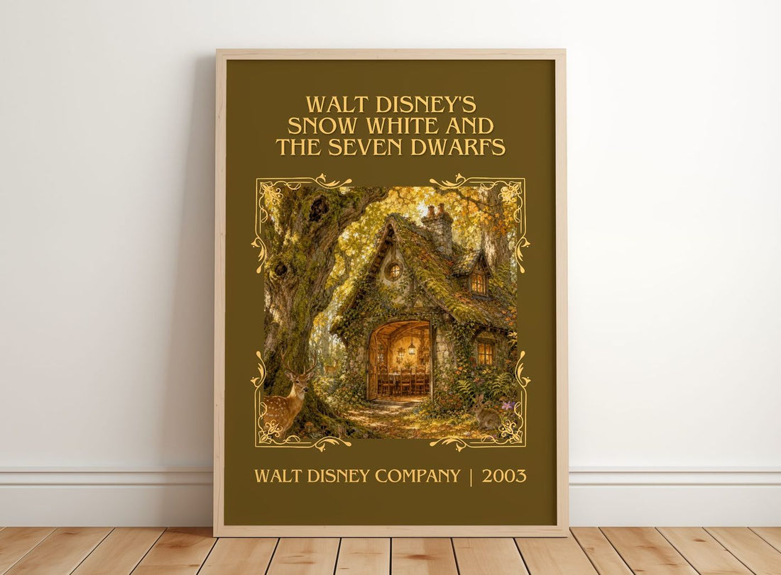 Walt Disney's Snow White and the seven dwarfs Classic Book Art Print by Walt Disney Company – framed print leaning on a wooden floor