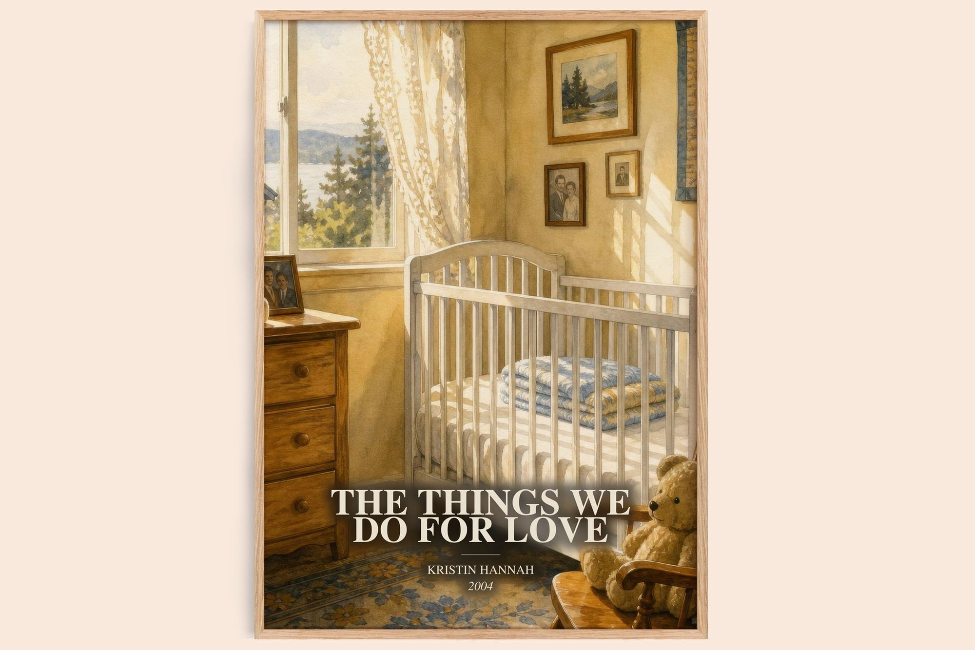The Things We Do For Love watercolour book poster by Kristin Hannah – framed literary art print