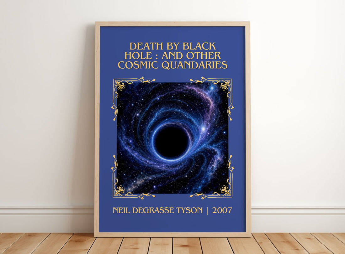 Death by black hole : and other cosmic quandaries Classic Book Art Print by Neil deGrasse Tyson – framed print leaning on a wooden floor